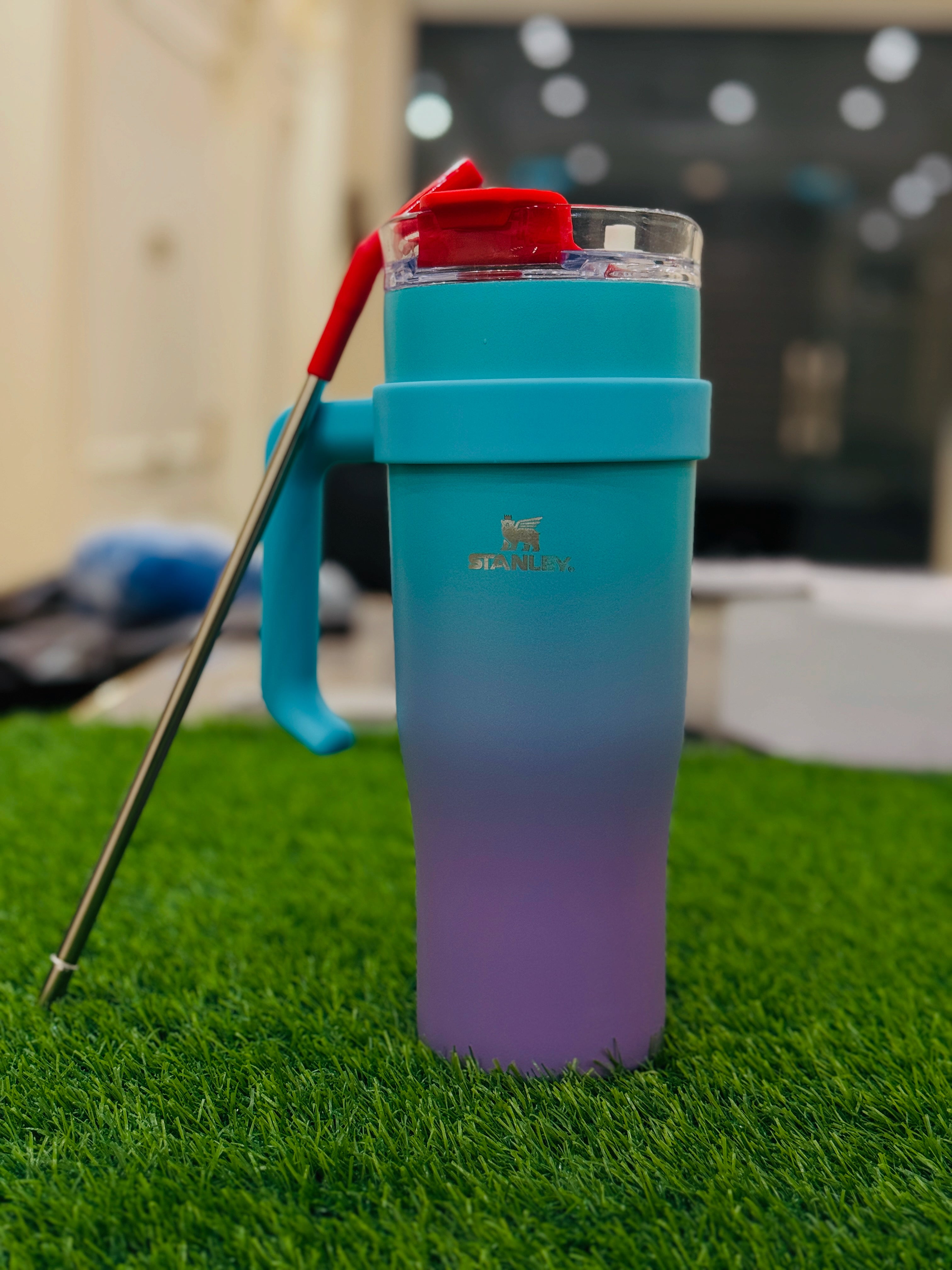 Gradient Blue Purple Stainless Tumbler with Handle, Straw and Lid”