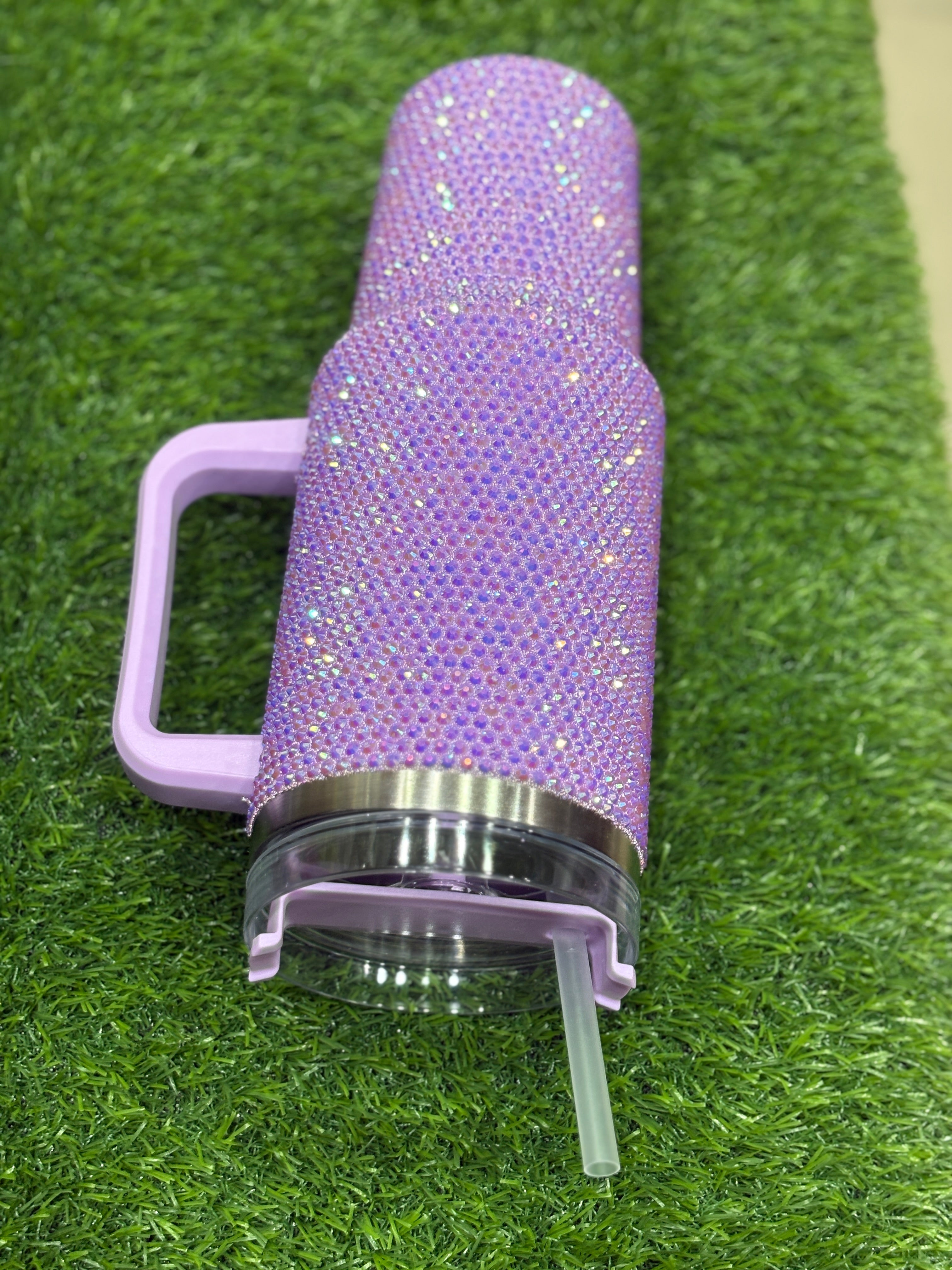 Purple Rhinestone Stainless Tumbler with Handle and Straw, Sparkly Cup”