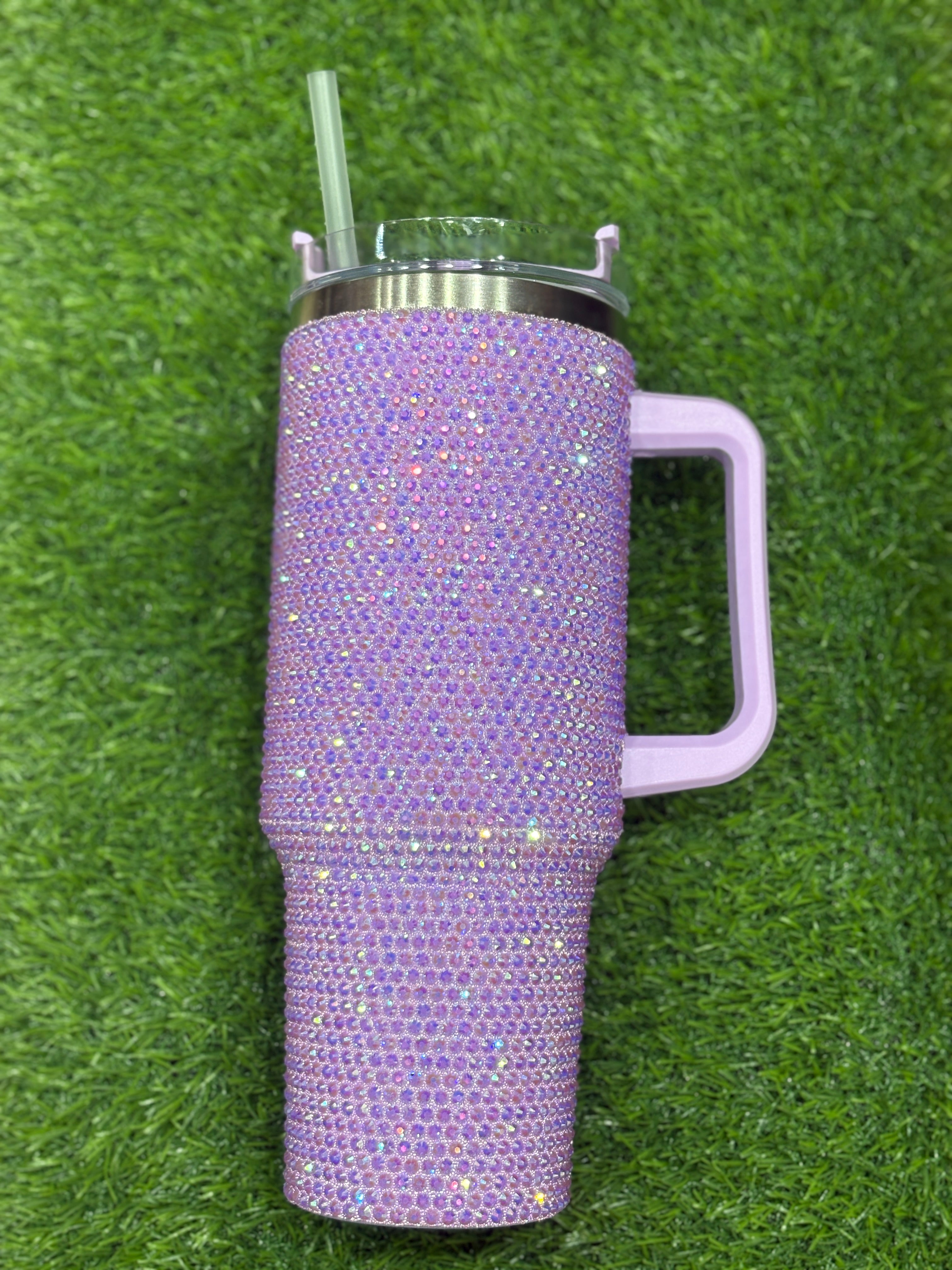 Purple Rhinestone Stainless Tumbler with Handle and Straw, Sparkly Cup”