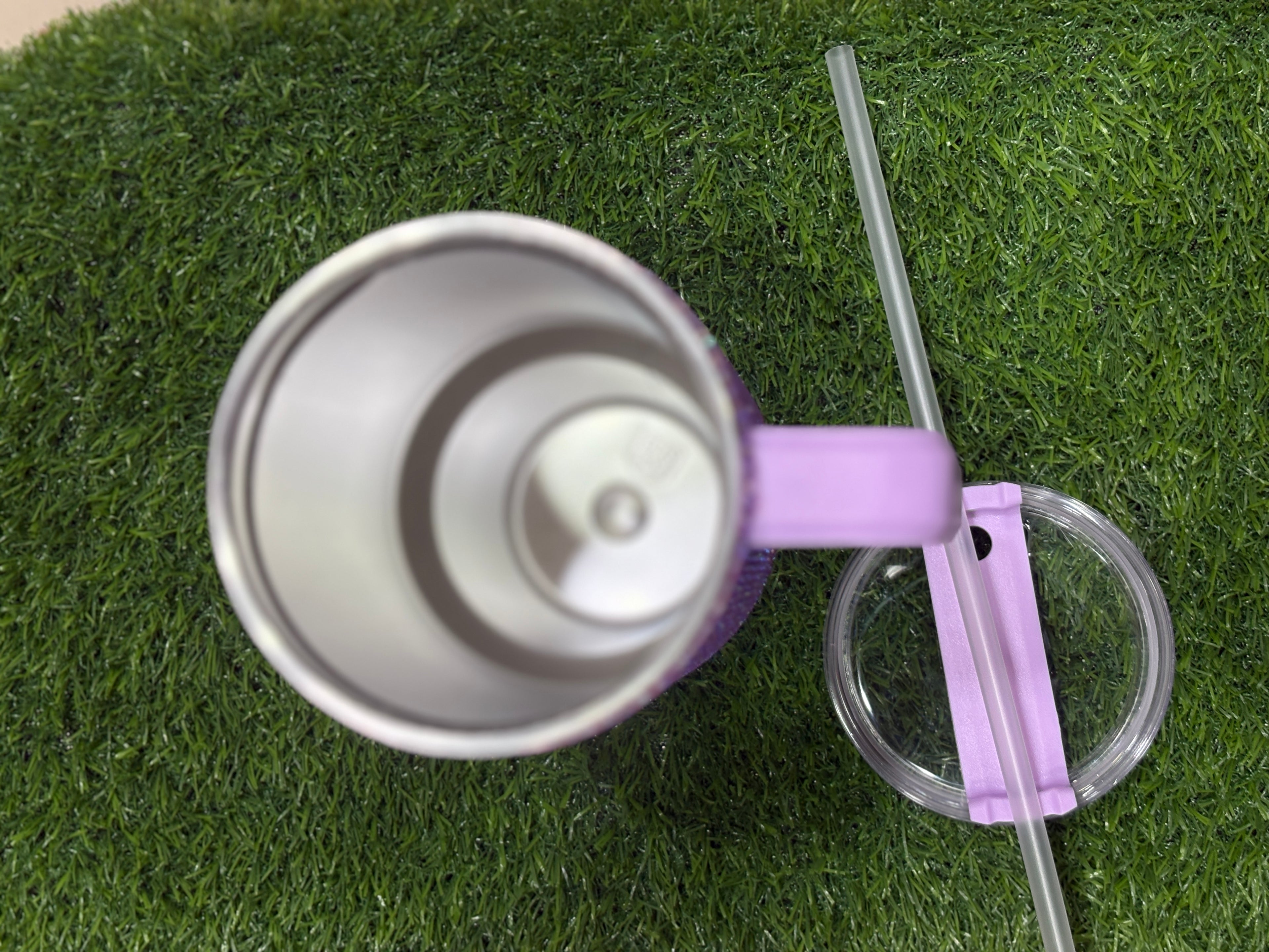 Purple Rhinestone Stainless Tumbler with Handle and Straw, Sparkly Cup”