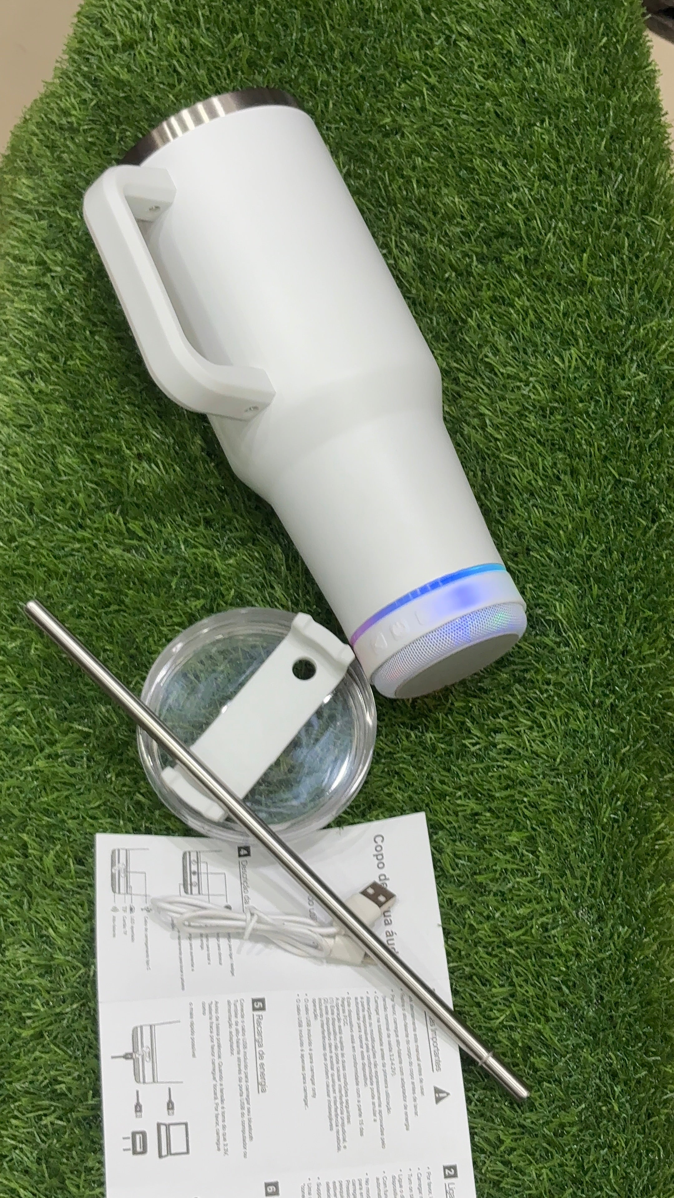 Smart LED Stainless Tumbler with Bluetooth Speaker, Handle and Straw”