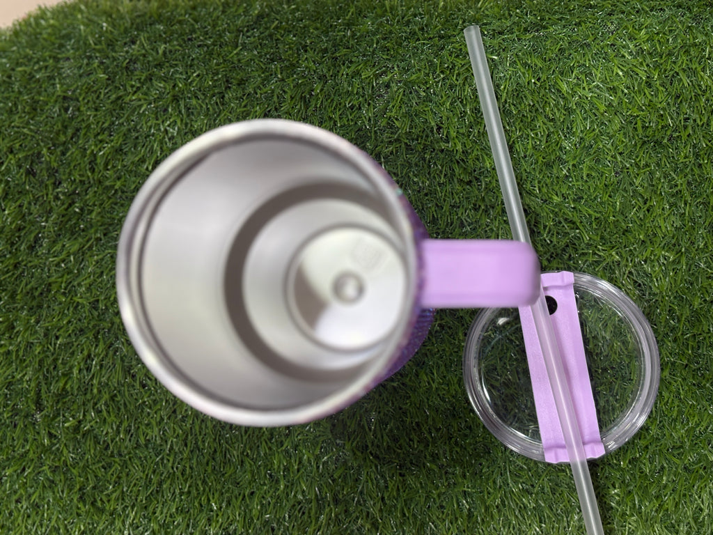 Purple Rhinestone Stainless Tumbler with Handle and Straw, Sparkly Cup”
