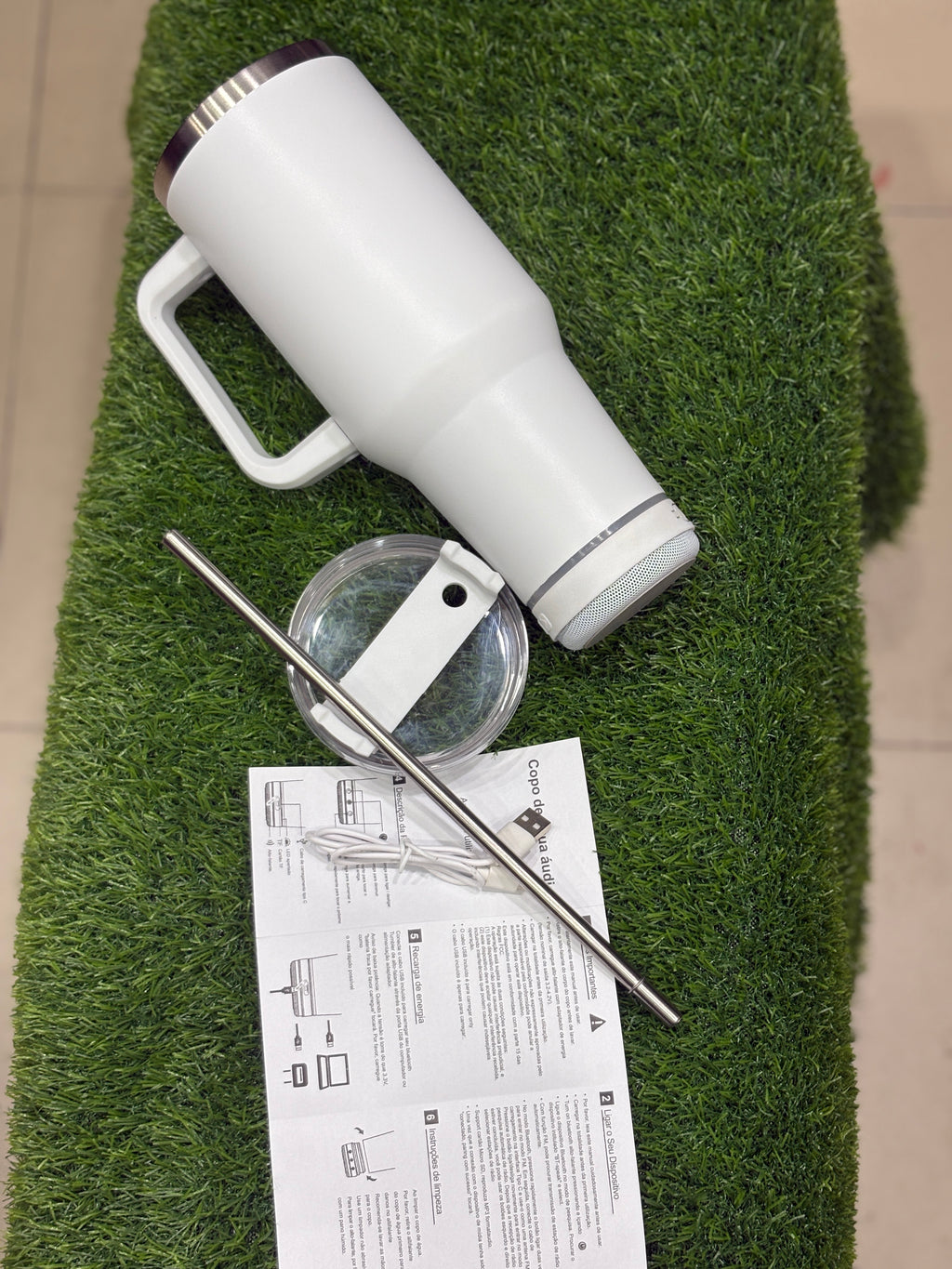 Smart LED Stainless Tumbler with Bluetooth Speaker, Handle and Straw”