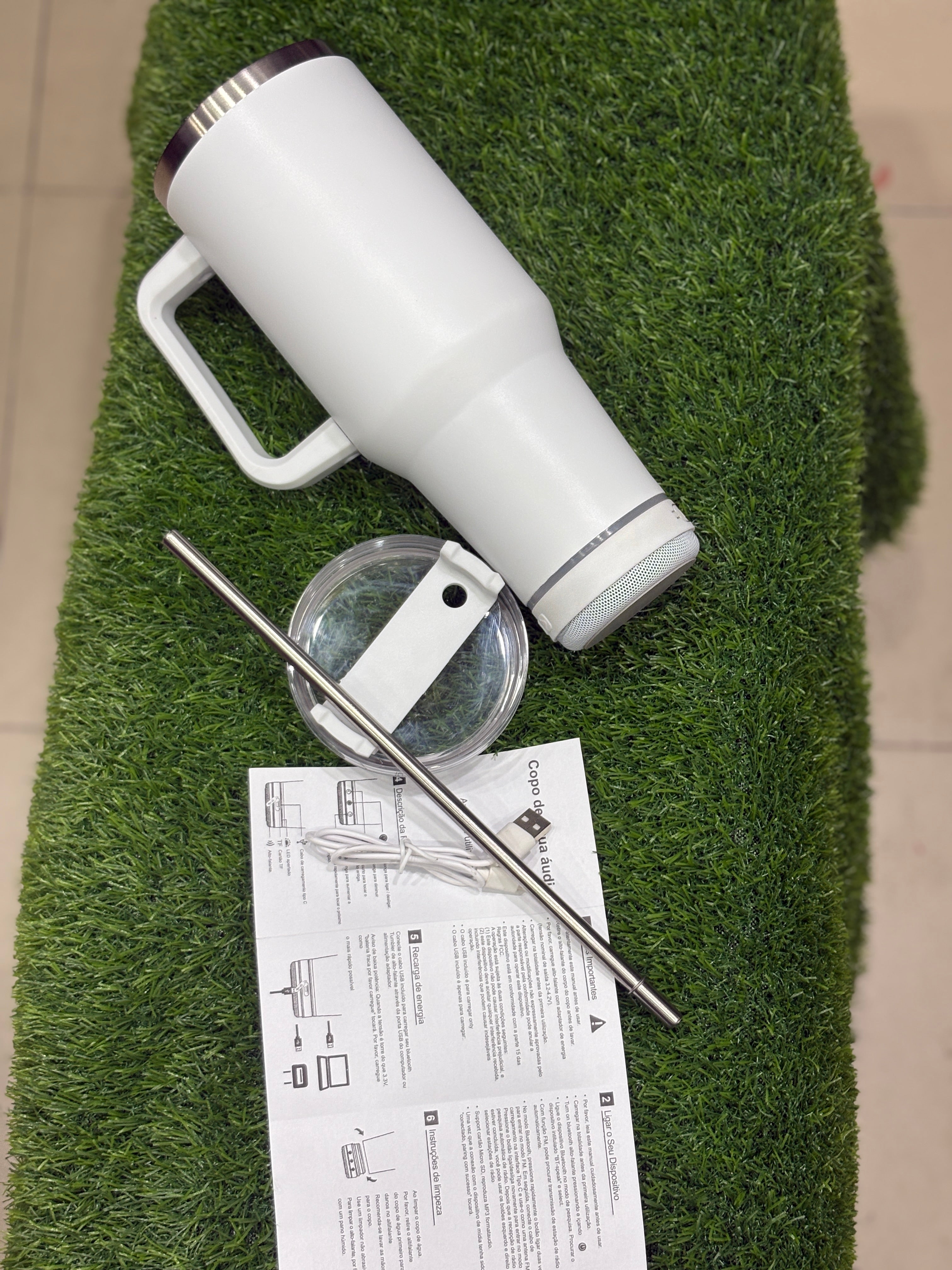 Smart LED Stainless Tumbler with Bluetooth Speaker, Handle and Straw”