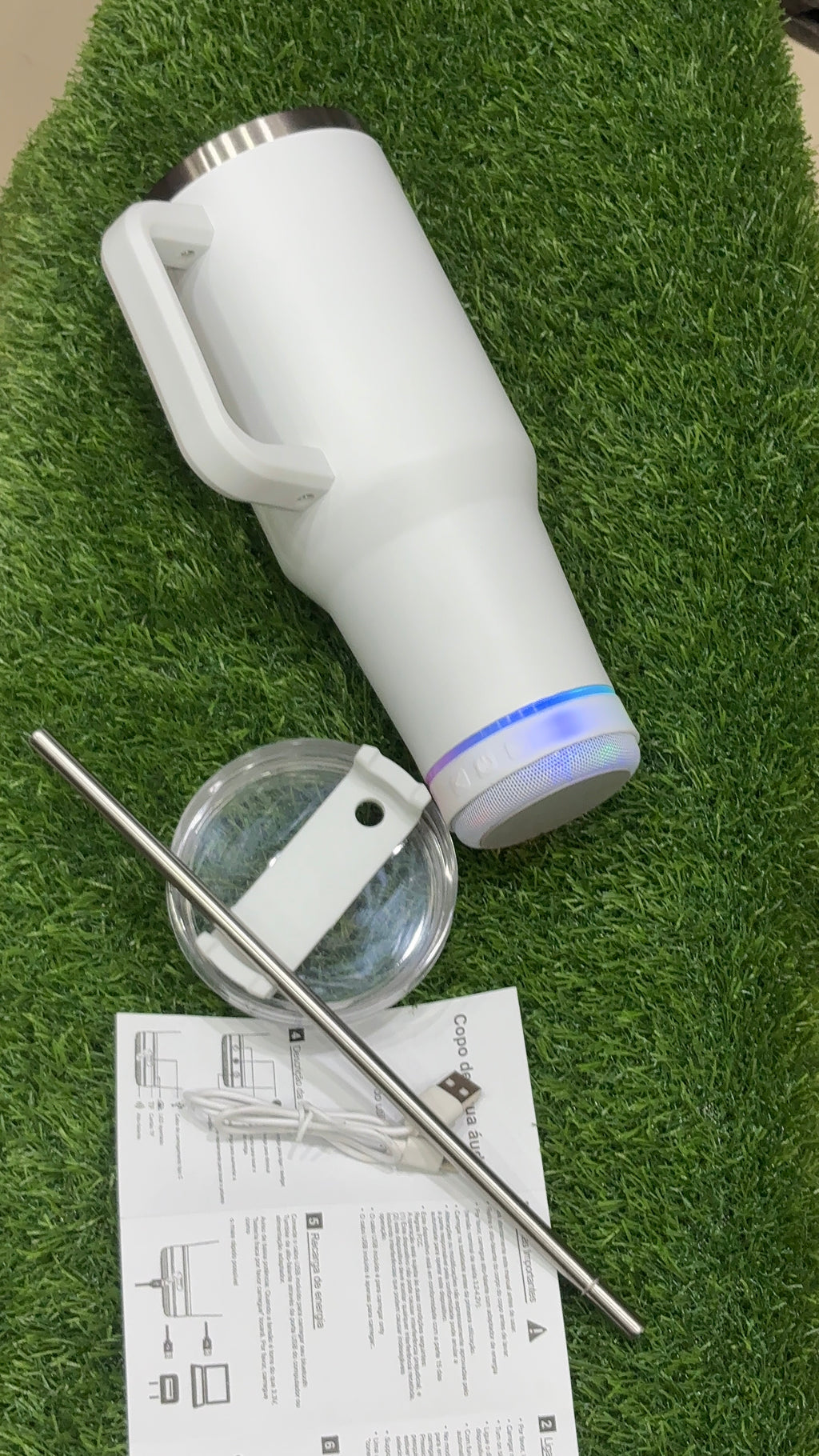 Smart LED Stainless Tumbler with Bluetooth Speaker, Handle and Straw”
