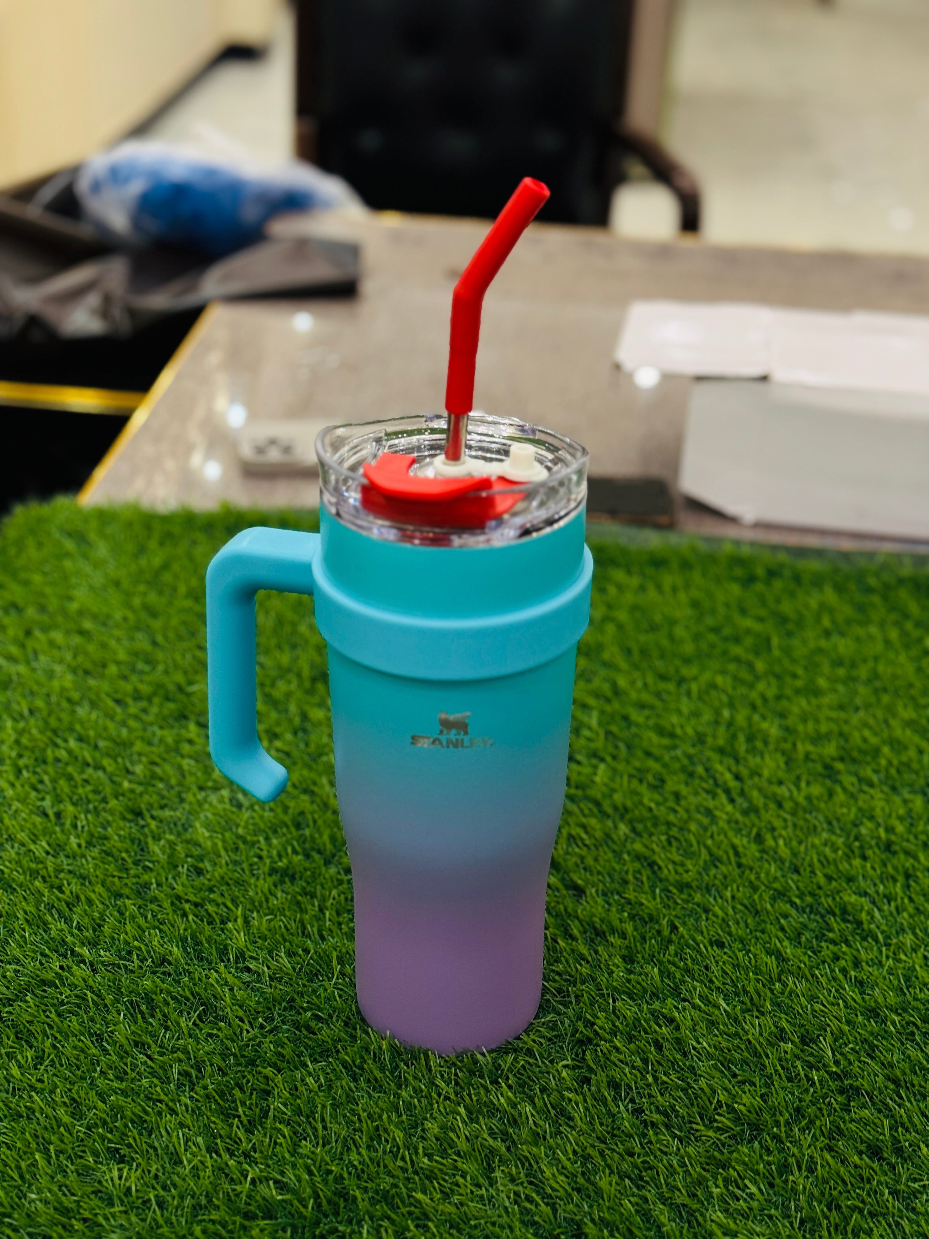 Gradient Blue Purple Stainless Tumbler with Handle, Straw and Lid”
